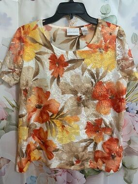 Alfred Dunner Floral Lace Short-Sleeve Top in Orange, Yellow & Tan